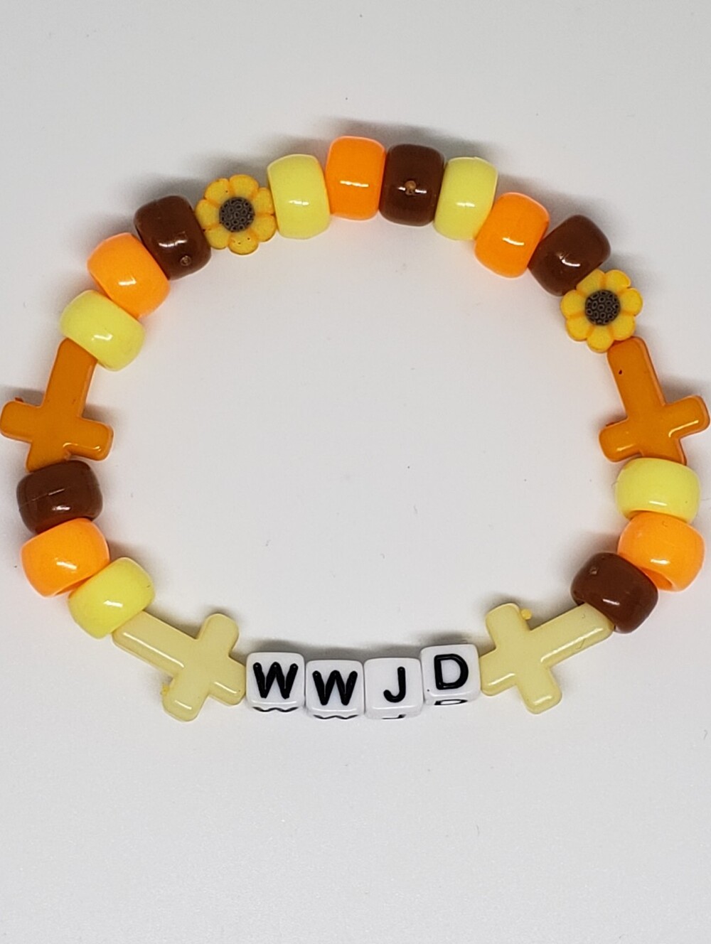 Handmade Yellow Orange Brown Sunflower Cross WWJD Beaded Bracelet